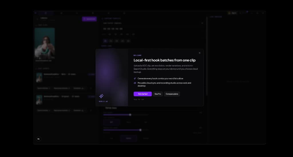 repli.ac desktop app with welcome splash over the editor workspace